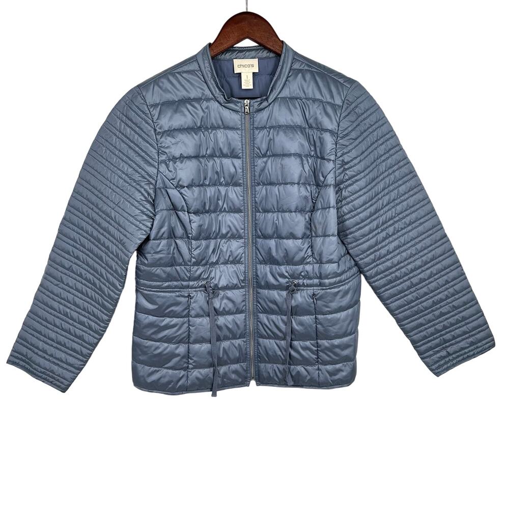 Chicos Sz 1 MEDIUM Quilted Puffer Winter Coat Jacket Blouse Shirt Top Blue Warm